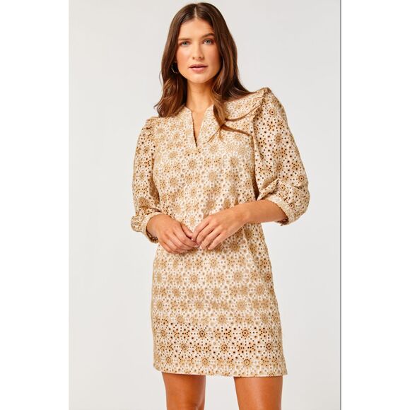 Cartolina Nantucket Embroidered Shift‎ Eyelet Mini Isabella Dress Latte XS NWT - Picture 1 of 10